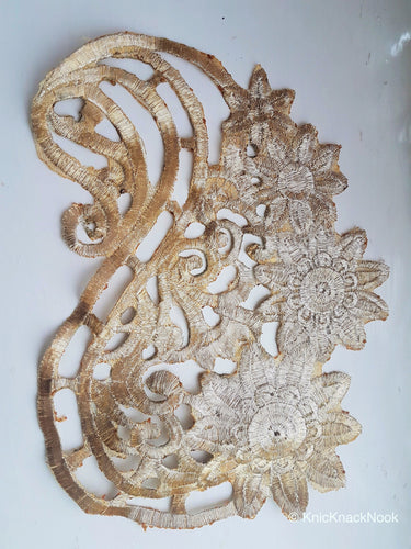 Antique Gold / Bronze Tone Crochet Thread Fabric Applique, Flower Applique - 200317A84
